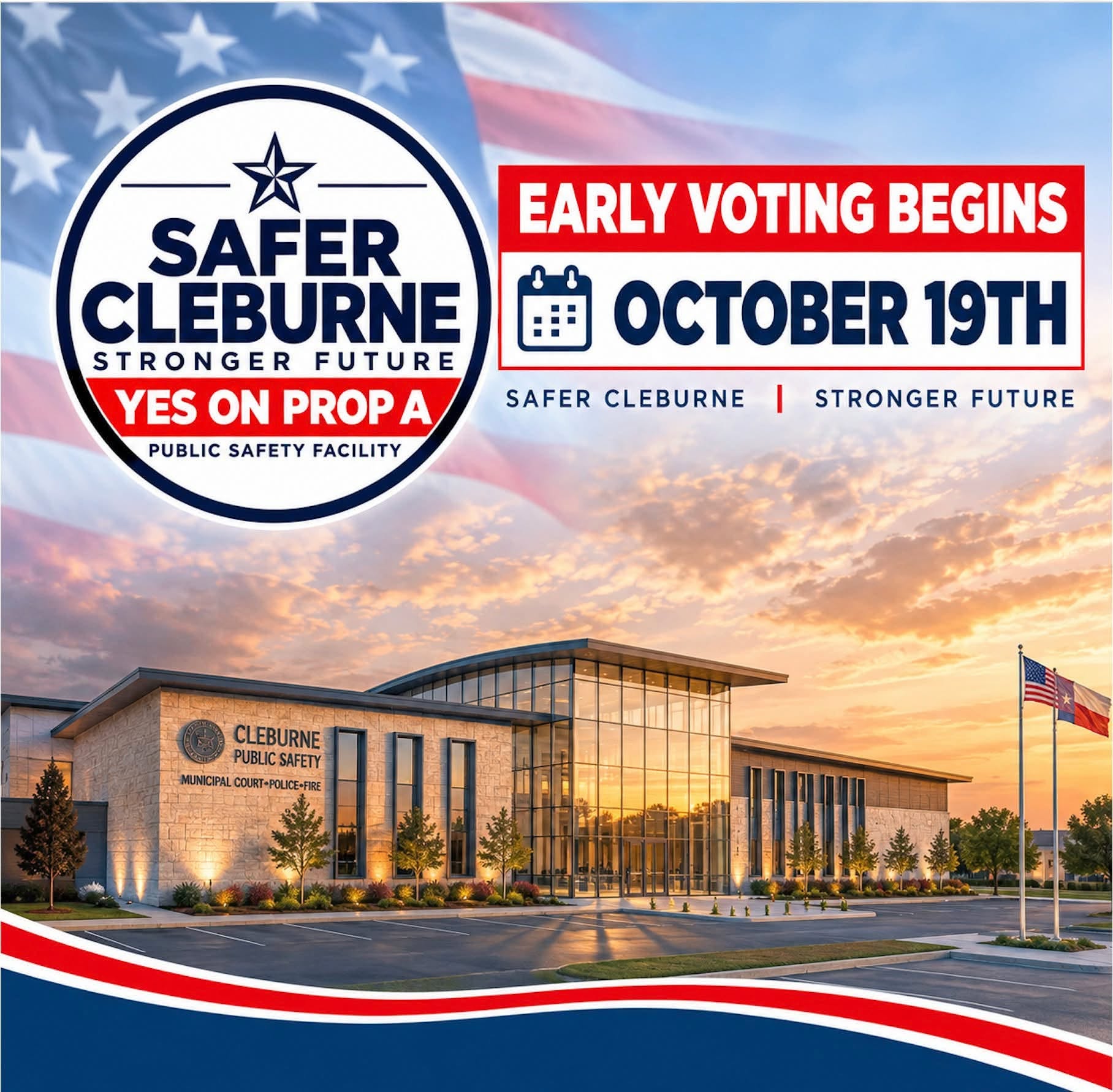 Rendering of the proposed Cleburne Public Safety facility. Early voting begins October 19th. Yes on Prop A.